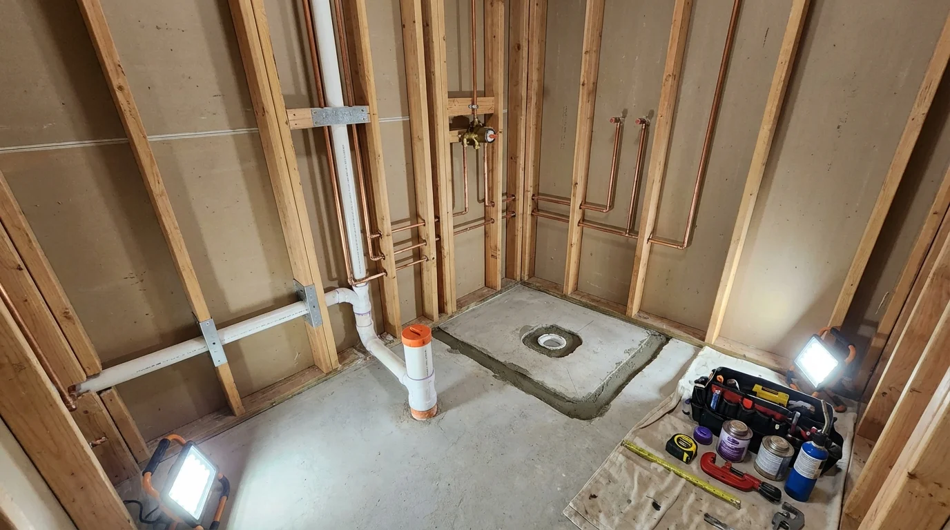 Bathroom rough-in plumbing during remodel by Johns Plumbing LLC in Langston