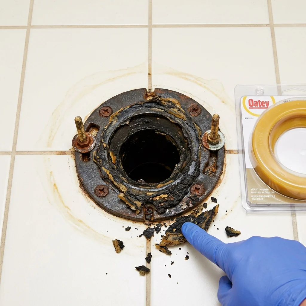 Failed wax ring showing water seepage at the base of a toilet in a Langston, OK home