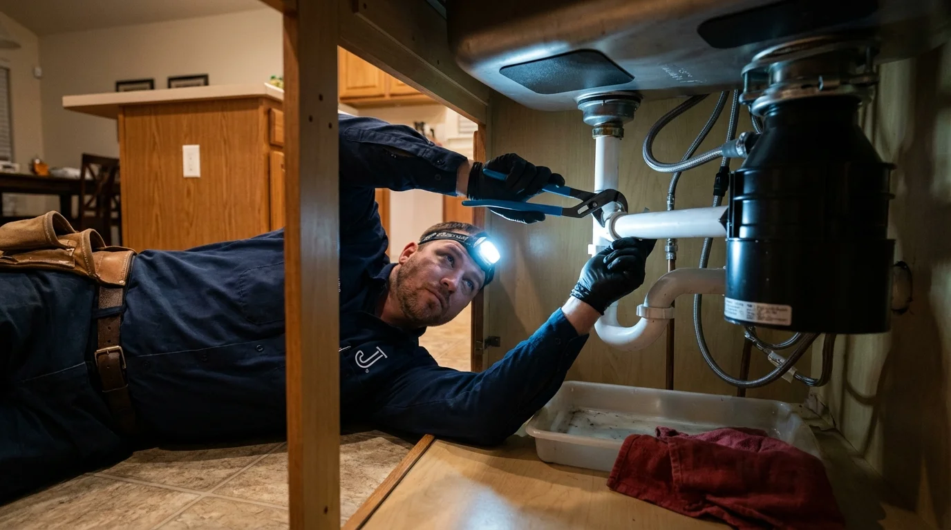 P-trap and supply line connections under a kitchen sink showing a common leak point in Langston, OK